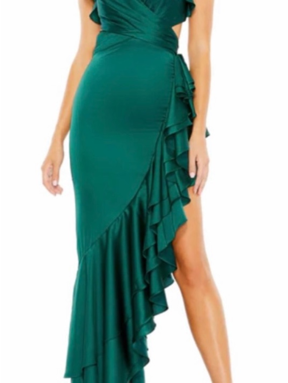 Mac Duggal Emerald Green Asymmetric Ruffle Midi Dress